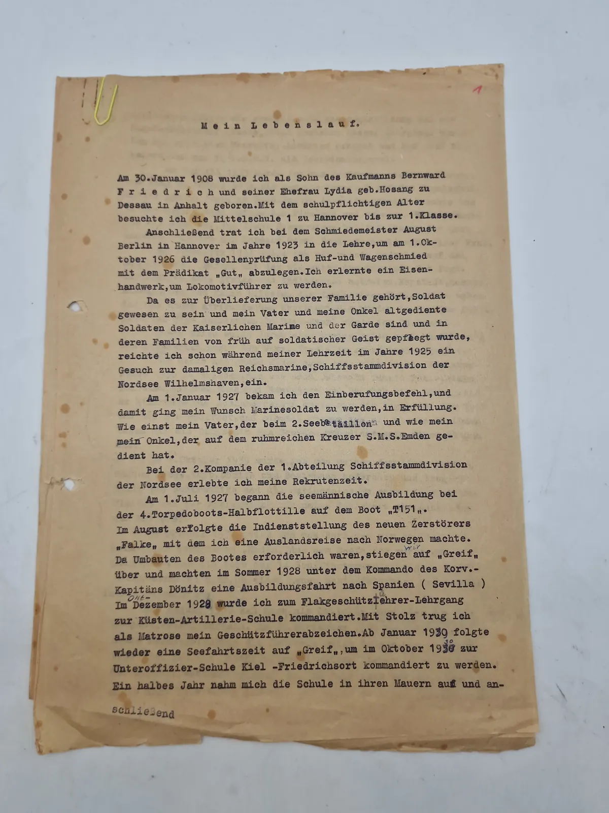 Originalt “Mein Lebenslauf" (mit livsforløb), der beskriver en mands liv og karriere i den tyske flåde - ww2