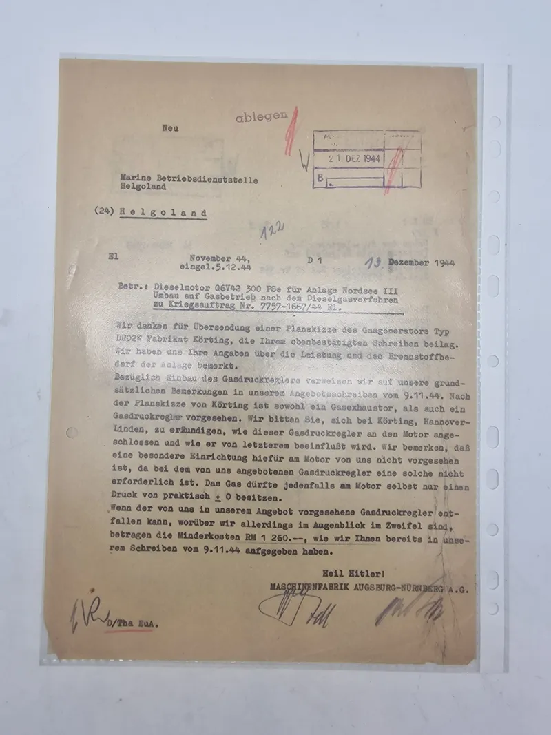 Originalt brev fra Maschinenfabrik Augsburg-Nürnberg A.G. (MAN) dateret den 13. december 1944, adresseret til Marine Betriebsdienststelle Helgoland