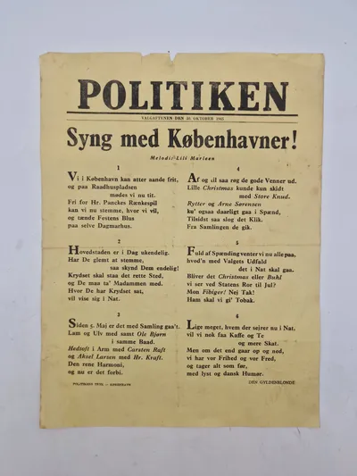 Original spiseseddel fra Politiken, 1945 (valgaftenen 30 september)