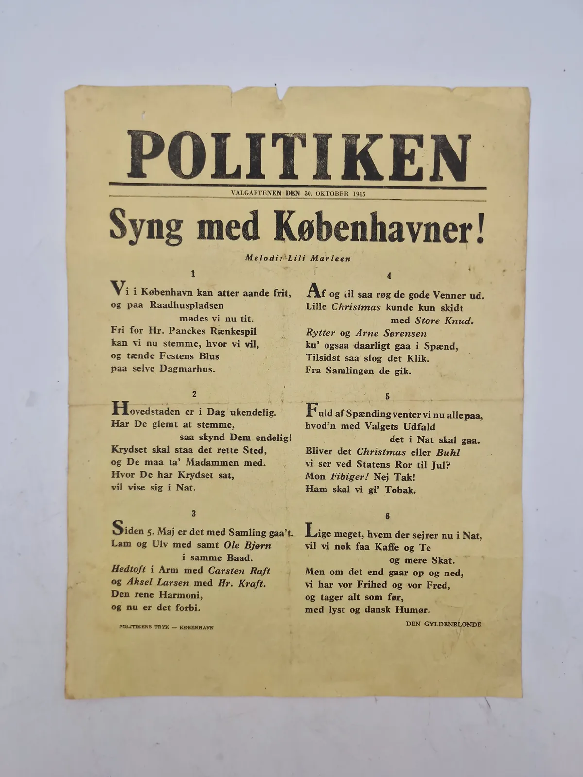 Original spiseseddel fra Politiken, 1945 (valgaftenen 30 september)