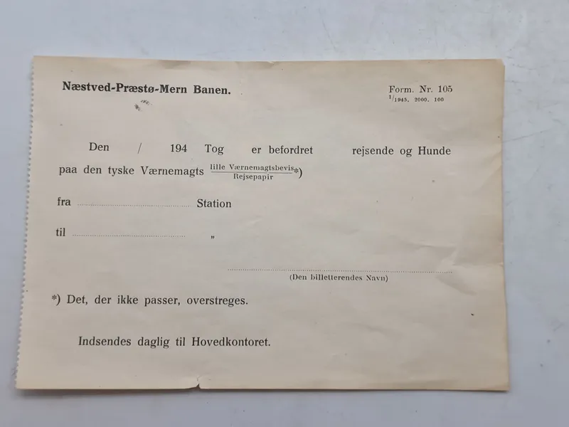 Original værnemagts seddel fra lokal togbane