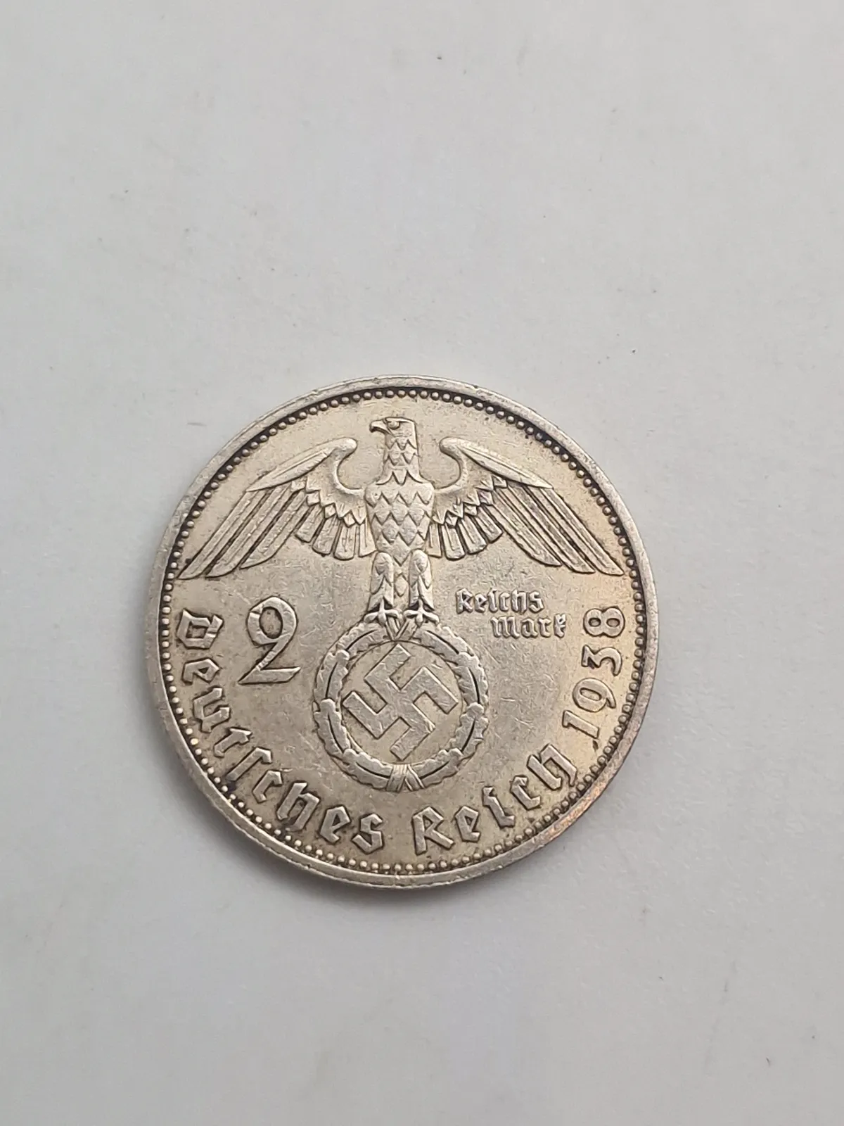 Mønt sølv 2 mark med hagekors 1938 A