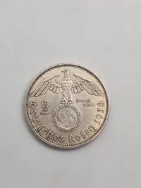 Mønt sølv 2 mark med hagekors 1938 A