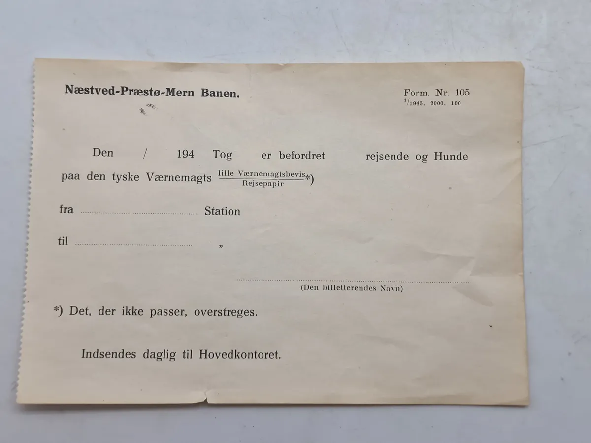 Original værnemagts seddel fra lokal togbane