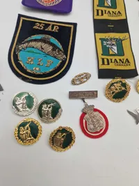 Samling patches, pins og mærker, mest jagtrelateret