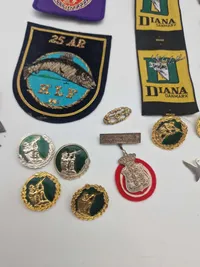 Samling patches, pins og mærker, mest jagtrelateret