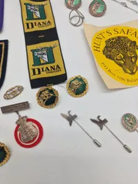 Samling patches, pins og mærker, mest jagtrelateret