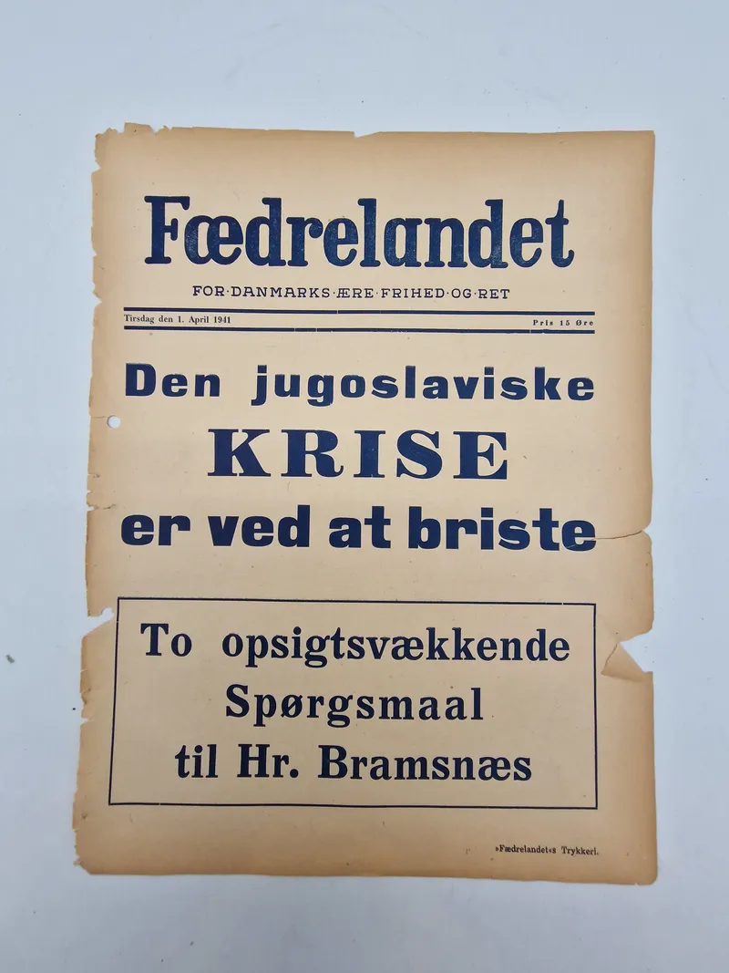 Original spiseseddel fra den danske nazistiske avis “Fædrelandet”