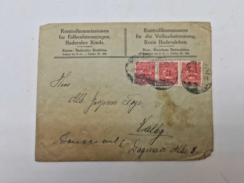 Originalt brev fra "Kontrolkommissionen for Folkeafstemningen" i Haderslev Kreds