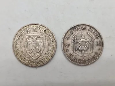 Originale tyske sølvmønter - bl.a. 5 Reichmark fra 1935 (bemærk de små hagekors)