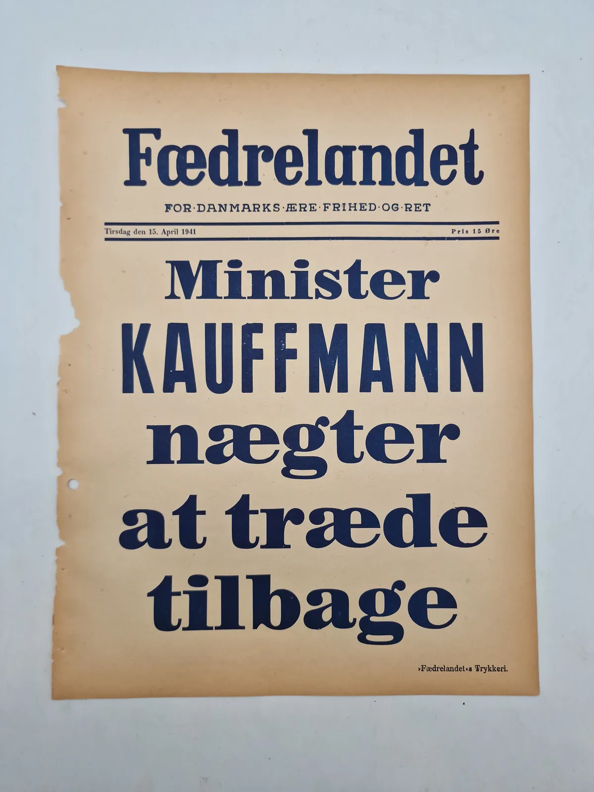 Original spiseseddel fra den nazistiske danske avis “Fædrelandet”