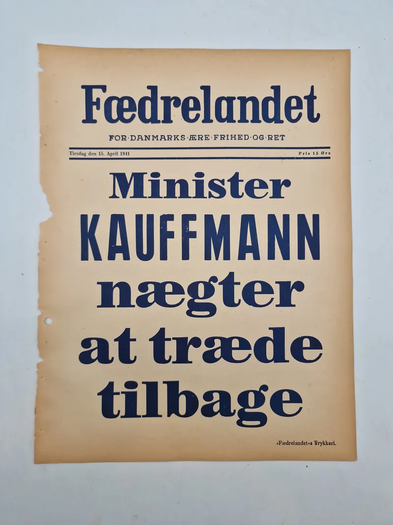 Original spiseseddel fra den nazistiske danske avis “Fædrelandet”