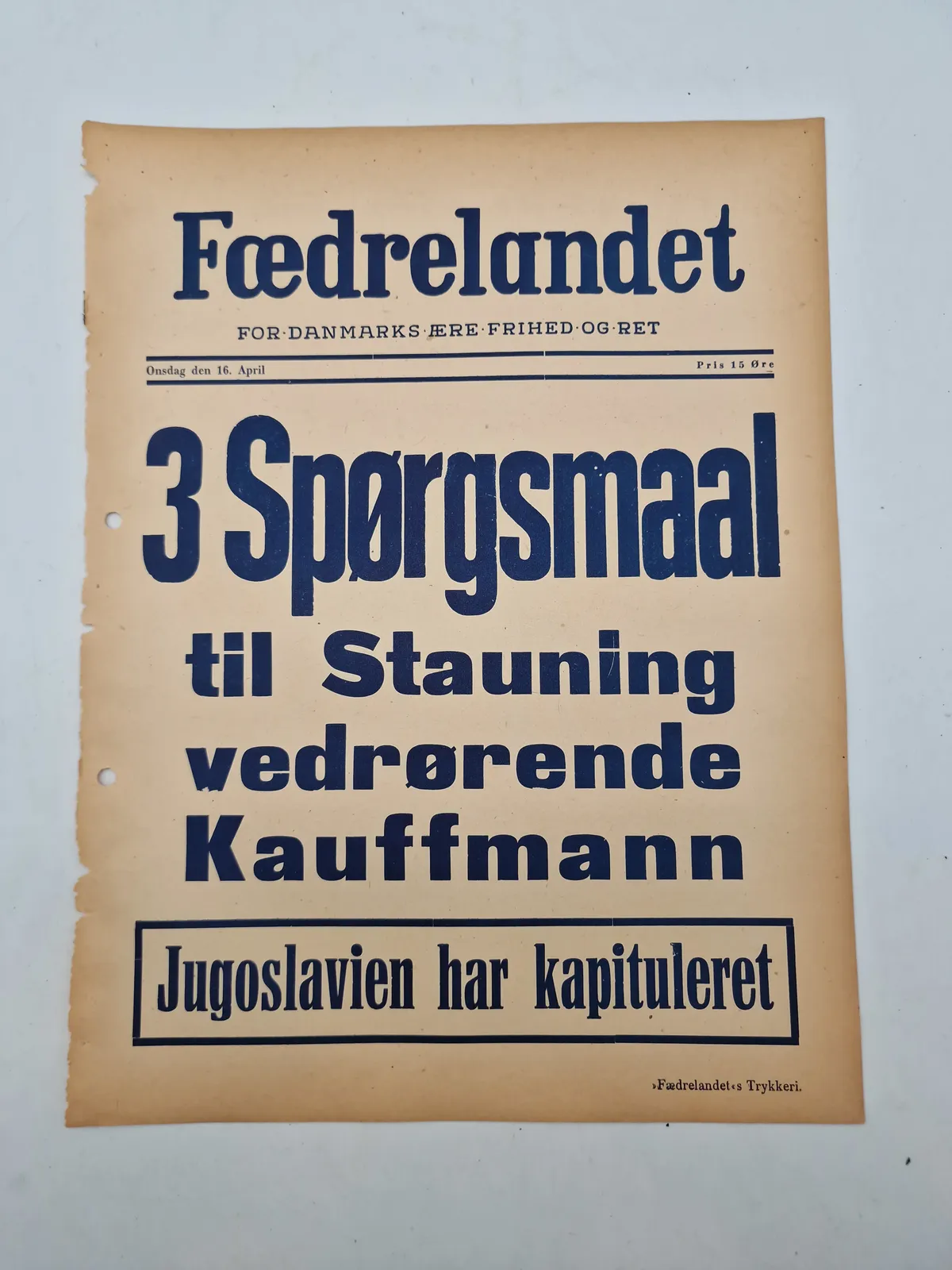 Original spiseseddel fra den nazistiske danske avis “Fædrelandet”