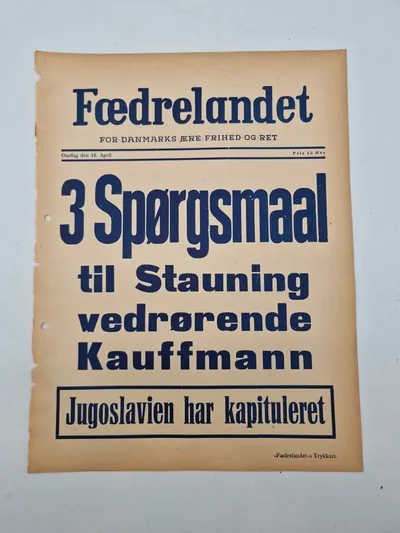 Original spiseseddel fra den nazistiske danske avis “Fædrelandet”