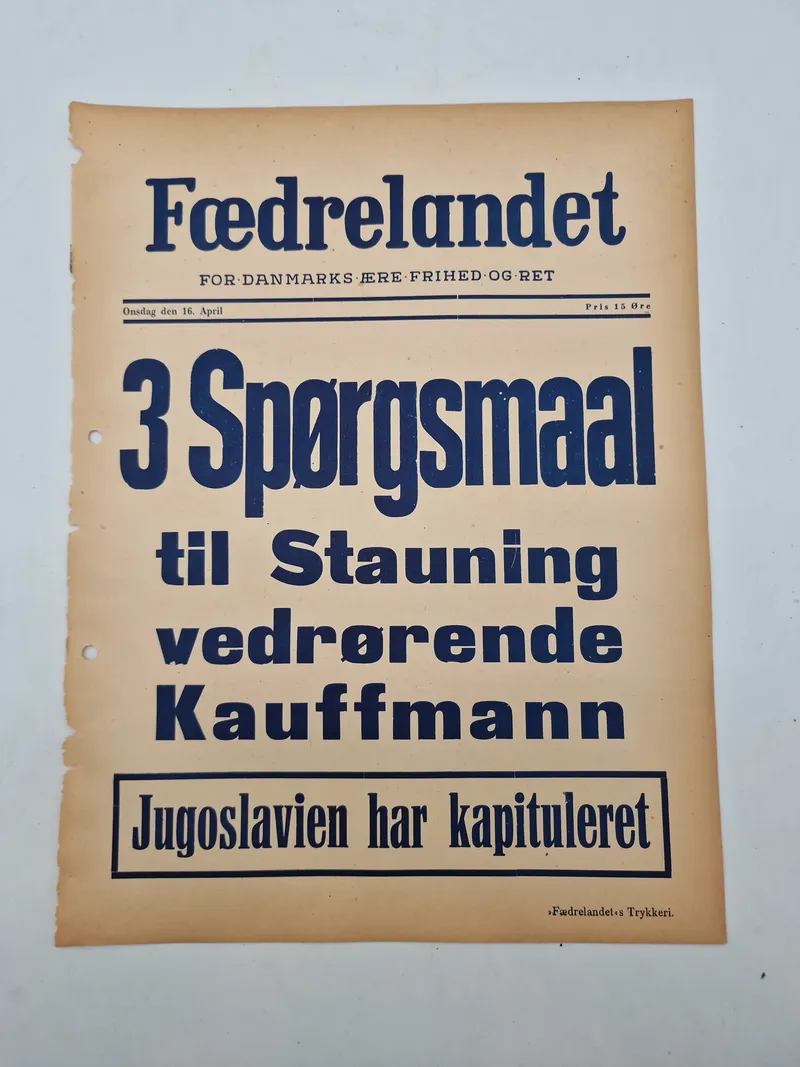 Original spiseseddel fra den nazistiske danske avis “Fædrelandet”