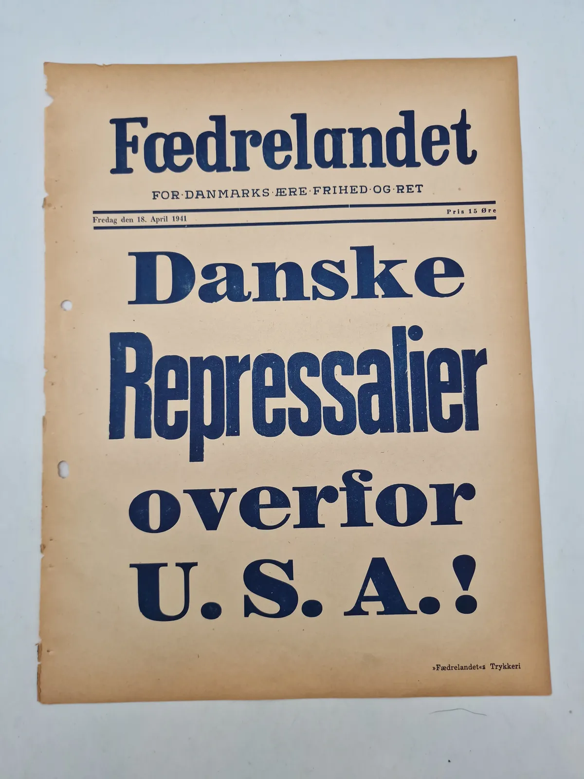 Original spiseseddel fra den nazistiske danske avis “Fædrelandet”