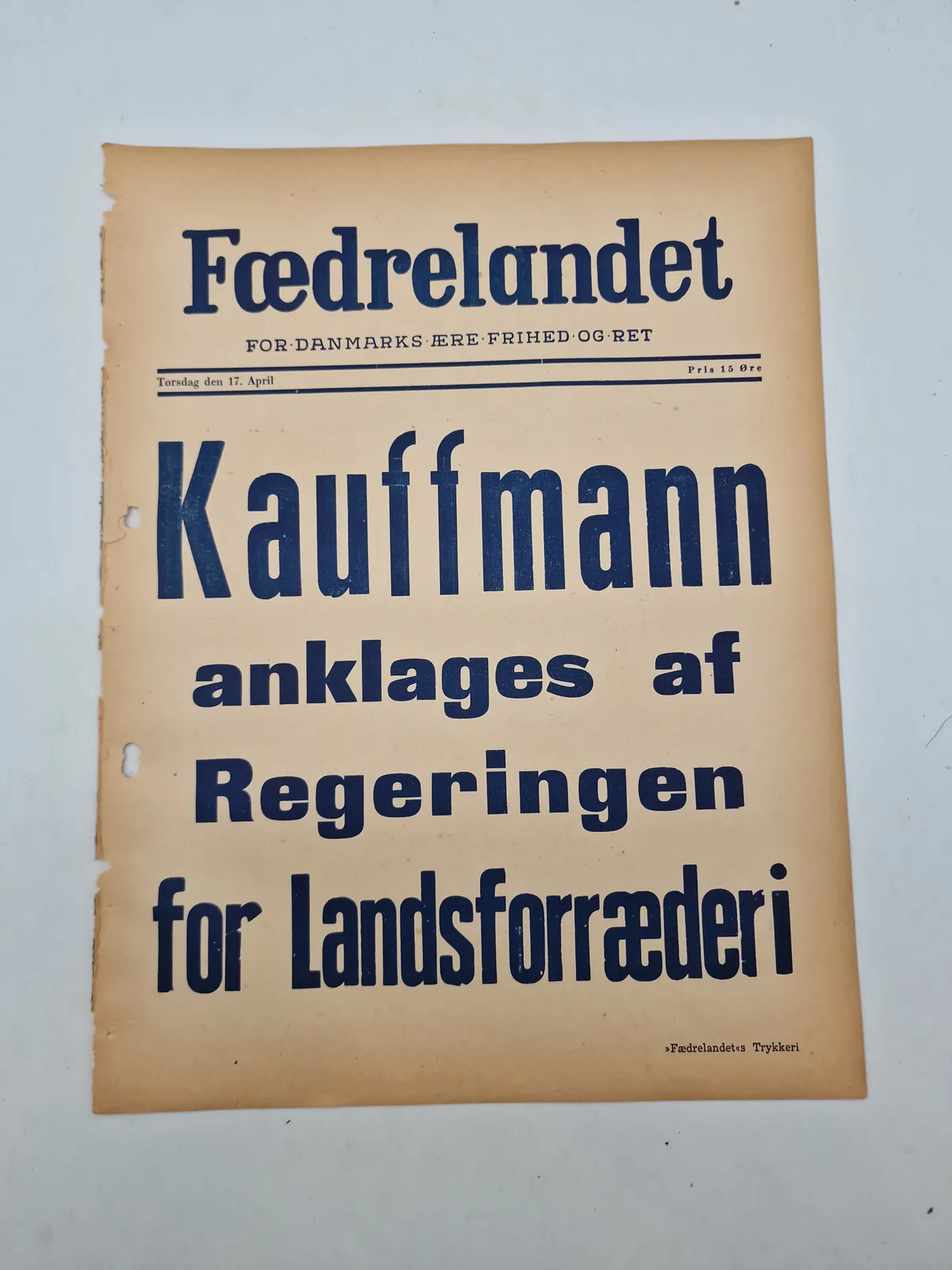 Original spiseseddel fra den nazistiske danske avis “Fædrelandet”