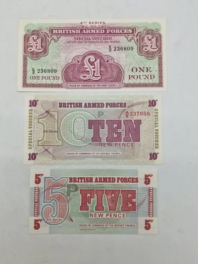 Originale britiske væbnede styrkers værdikuponer, også kendt som BAFV (British Armed Forces Vouchers)