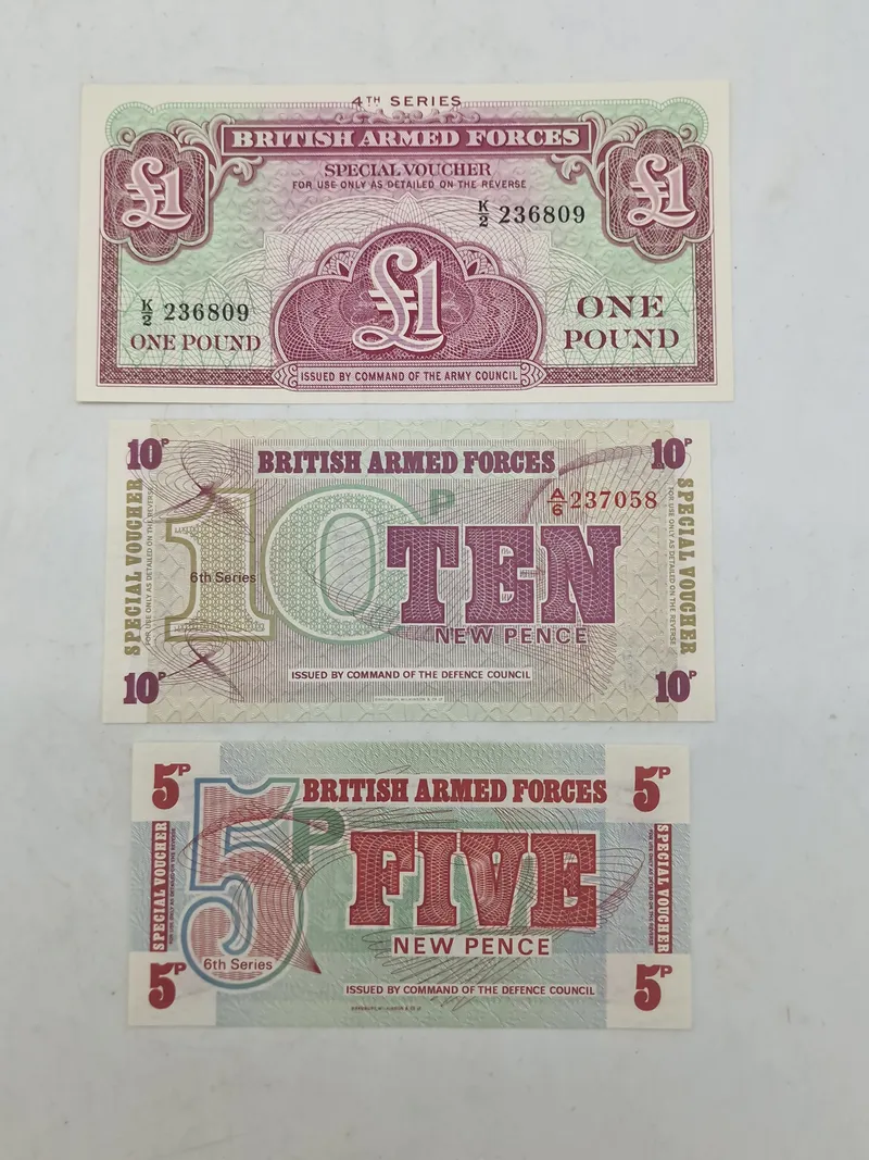 Originale britiske væbnede styrkers værdikuponer, også kendt som BAFV (British Armed Forces Vouchers)
