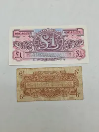 Originale banknote fra British Armed Forces, 2. serie, udstedt i 1948. Disse noter blev brugt som "Special Vouchers" af britiske væbnede styrker og var gyldige i kantiner mm.
