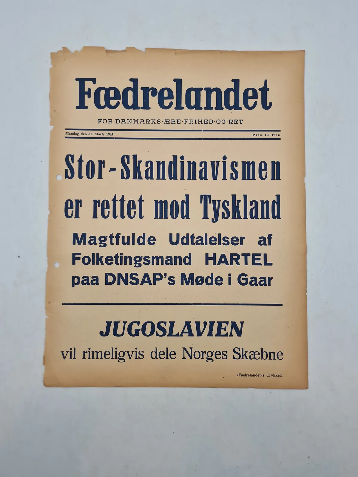 Original “spiseseddel” fra den danske nazistiske avis “Fædrelandet”