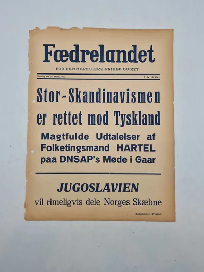Original “spiseseddel” fra den danske nazistiske avis “Fædrelandet”