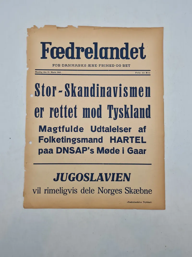 Original “spiseseddel” fra den danske nazistiske avis “Fædrelandet”