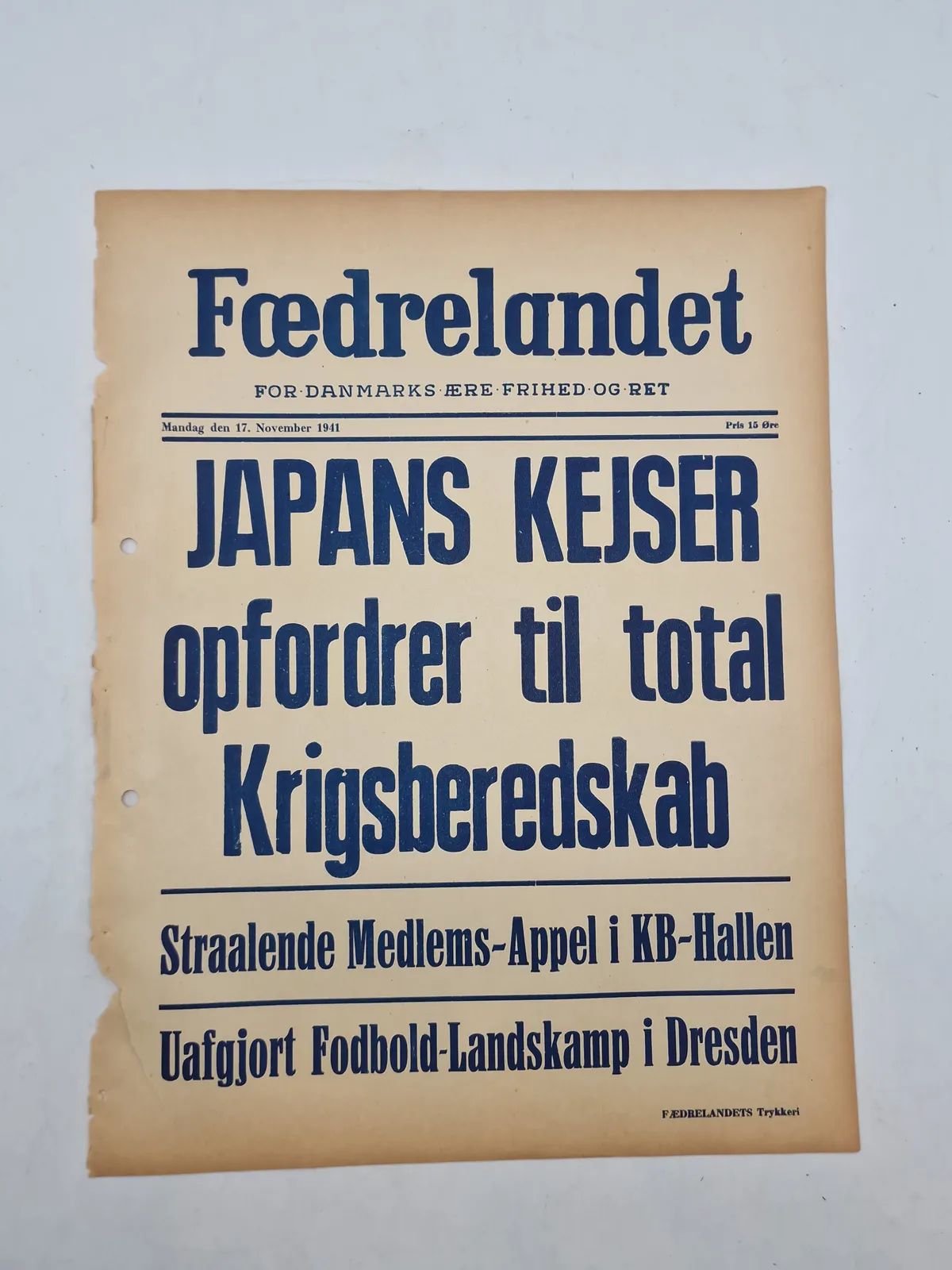 Original “spiseseddel” fra den danske nazistiske avis “Fædrelandet”