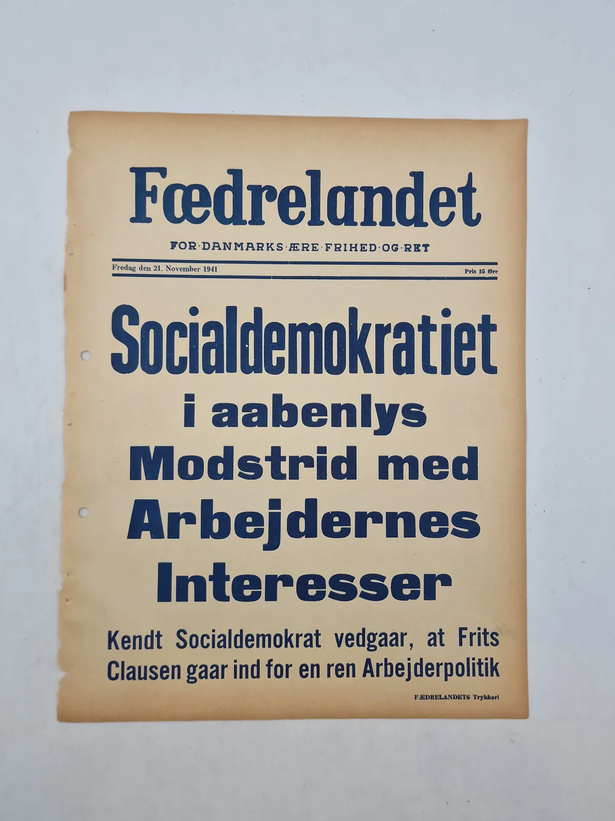 Original “spiseseddel” fra den danske nazistiske avis “Fædrelandet”
