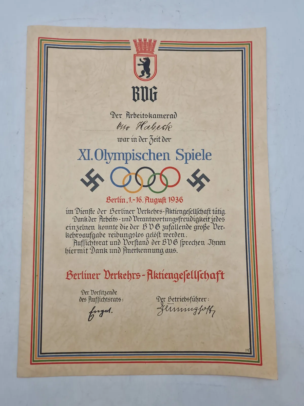 Originalt olympiaden 1936 diplom