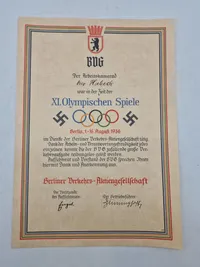 Originalt olympiaden 1936 diplom