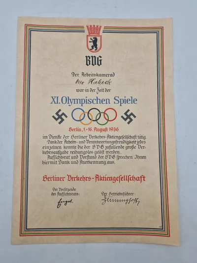 Originalt olympiaden 1936 diplom