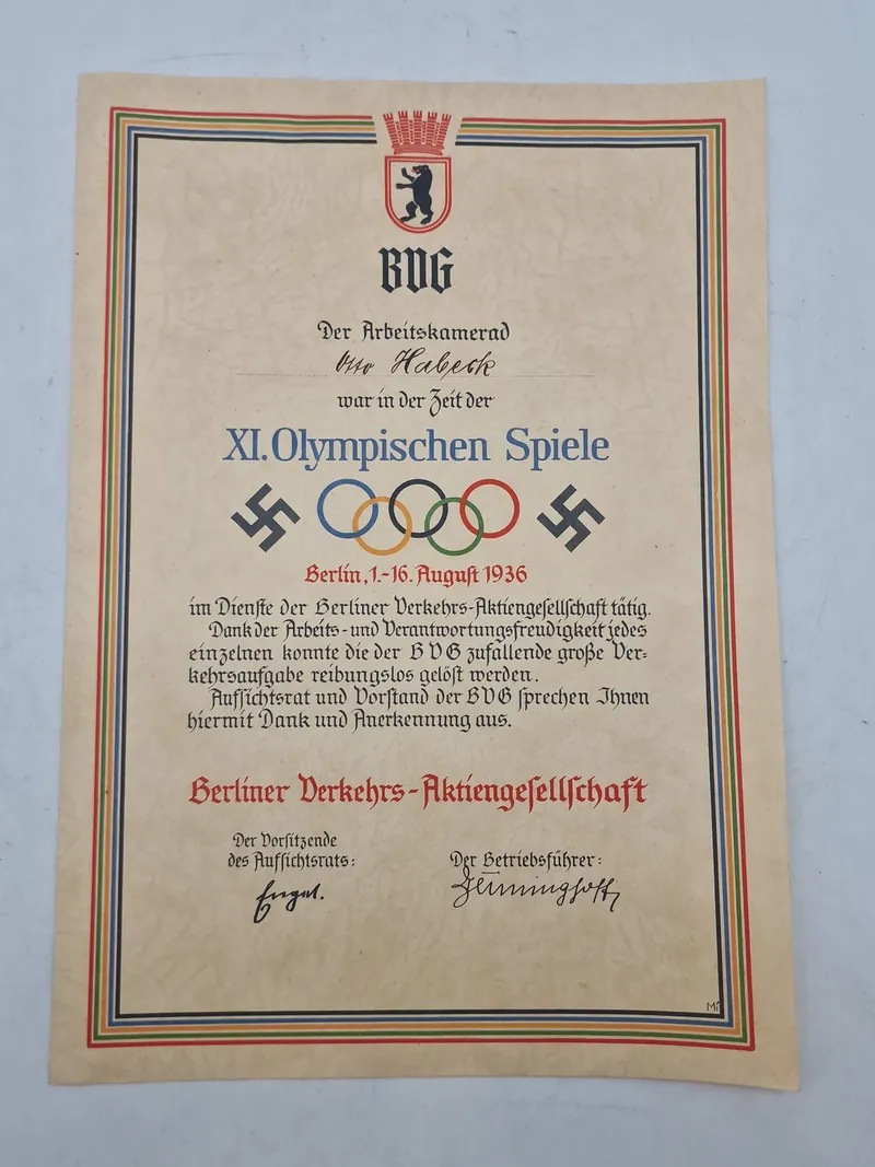 Originalt olympiaden 1936 diplom