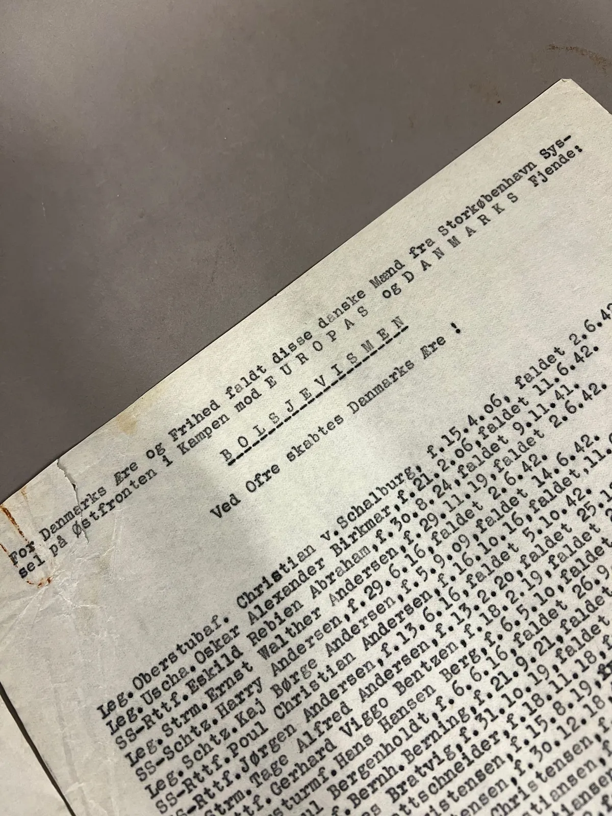 Ekstremt  sjældne originale lister fra Københavns Syssel med faldne SS frivillige