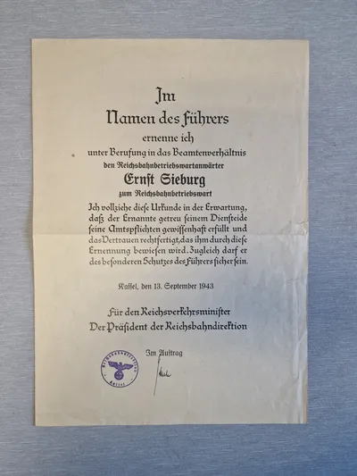 Originalt tysk urkunde - ww2