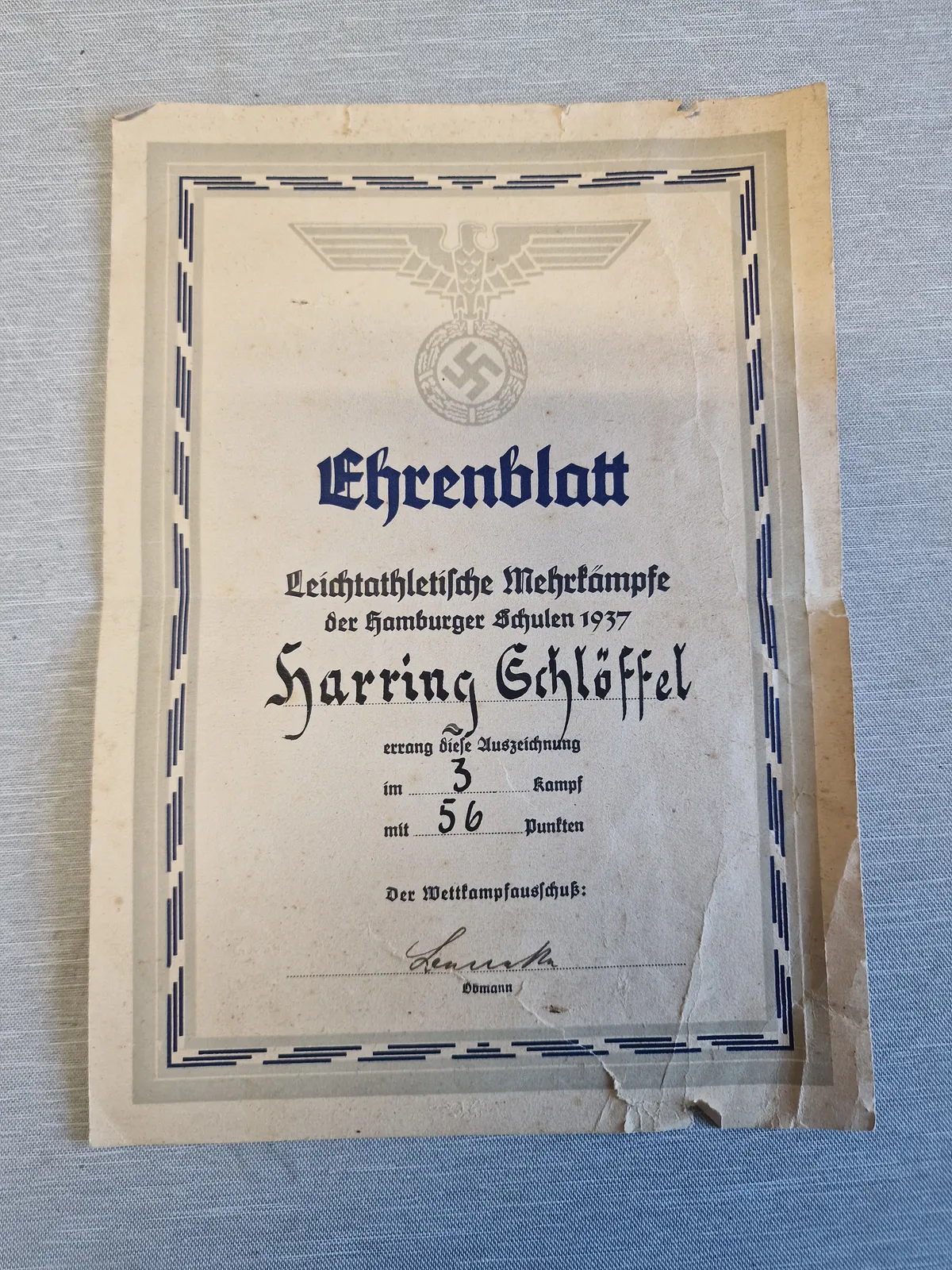 Originalt tysk Ehrenblatt