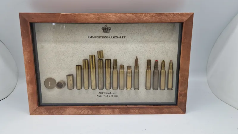 Display Ammunitionsarsenalet Trækstadier for 308. Winchester Nato 
7,62 x 51 mm samt løspatron. 32 x 20 Cm