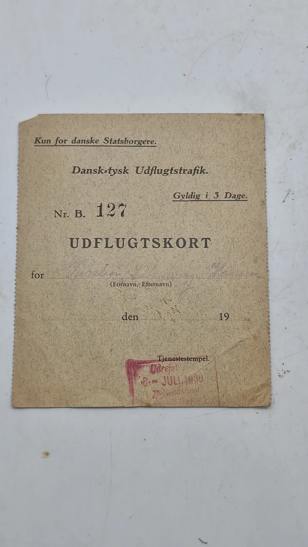 Udflugtskort fra dansk tysk udflugtstrafik, udstedt 1939. Original