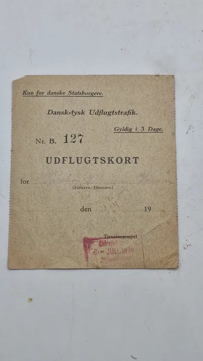 Udflugtskort fra dansk tysk udflugtstrafik, udstedt 1939. Original