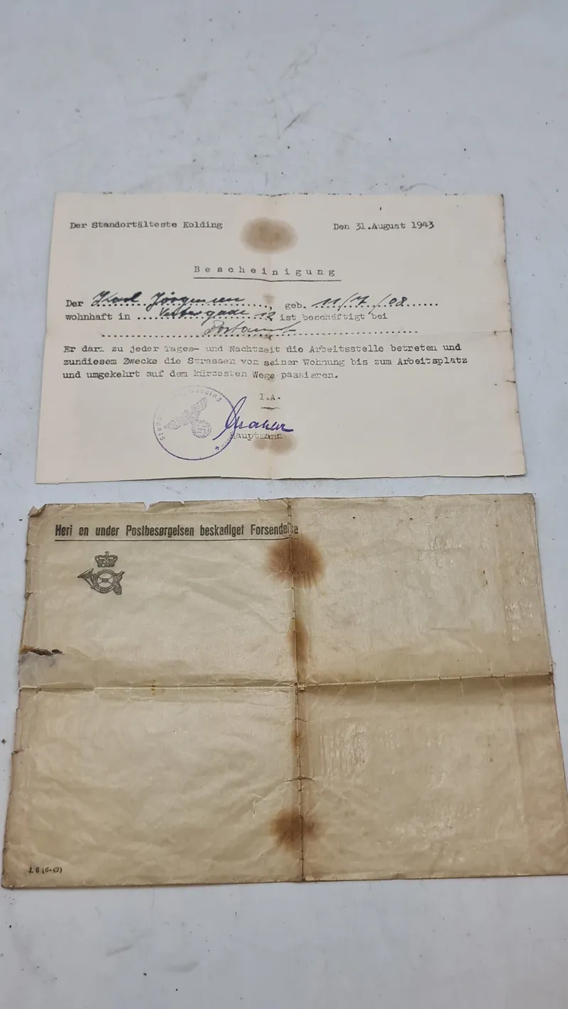 Bescheinigung (attest) udstedt den 31. august 1943 i Kolding under den tyske besættelse af Danmark. Original