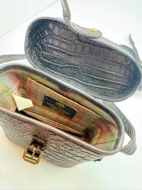 A MULBERRY BROWN CROCODILE LEATHER HAND BAG, binocular style, original