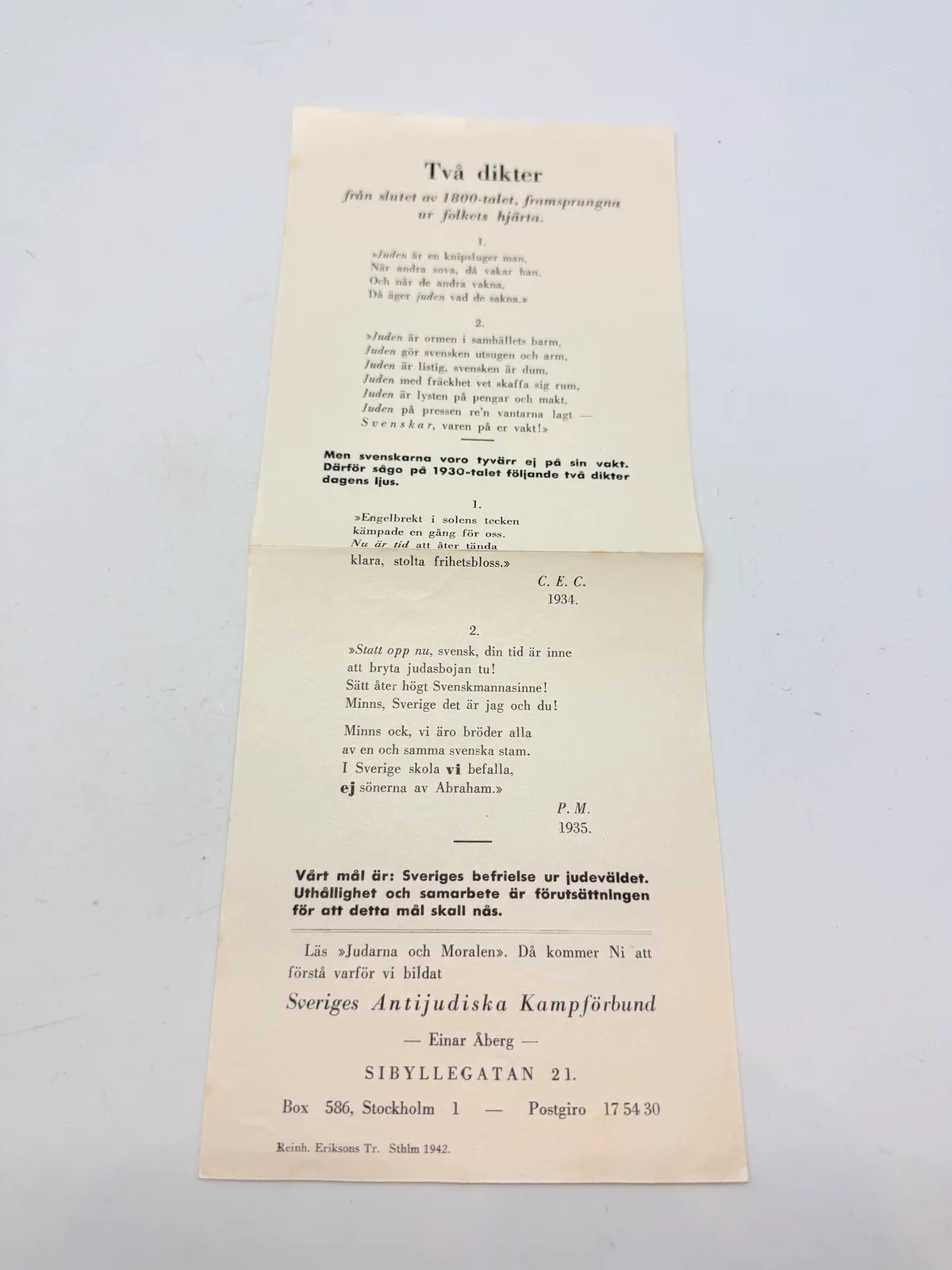 Svensk Nazistisk løbeseddel WW2, ekstremt sjælden