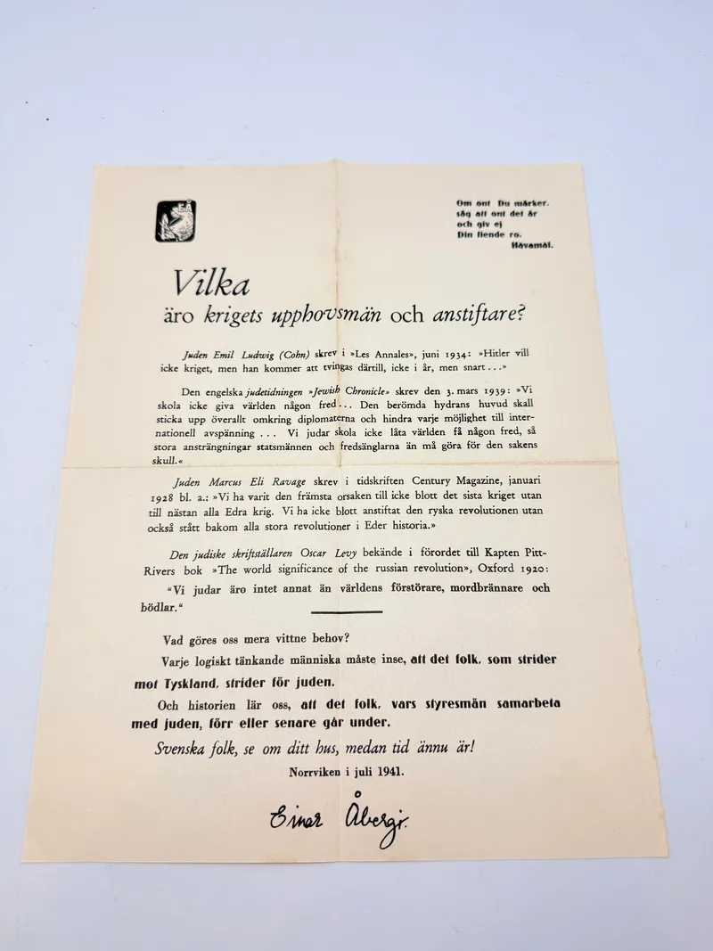 Svensk Nazistisk løbeseddel WW2, ekstremt sjælden