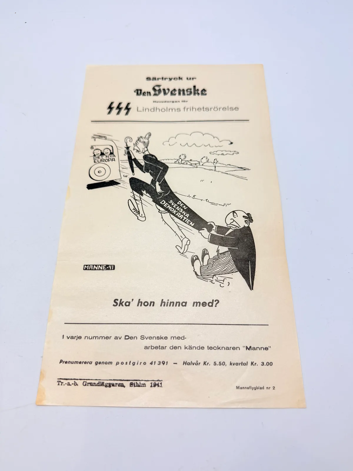 Svensk Nazistisk løbeseddel WW2, ekstremt sjælden