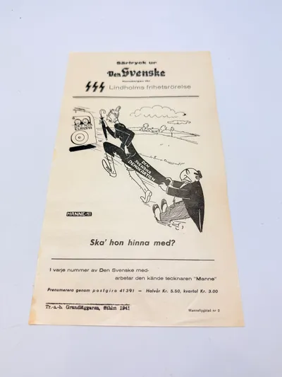 Svensk Nazistisk løbeseddel WW2, ekstremt sjælden