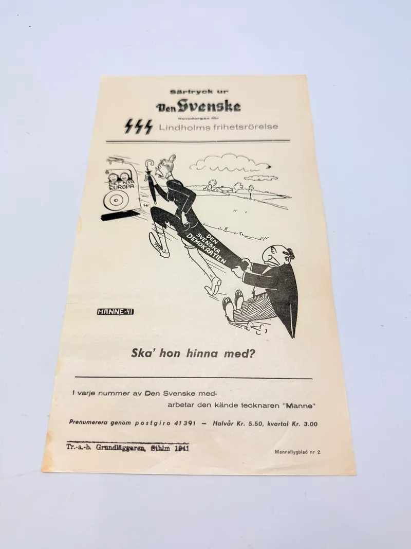 Svensk Nazistisk løbeseddel WW2, ekstremt sjælden