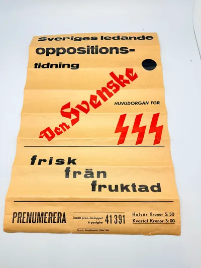 Svensk Nazistisk Plakat  WW2, ekstremt sjælden