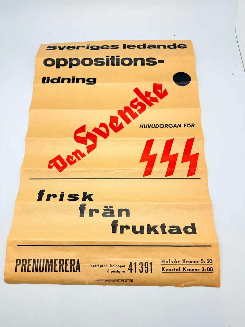 Svensk Nazistisk Plakat  WW2, ekstremt sjælden