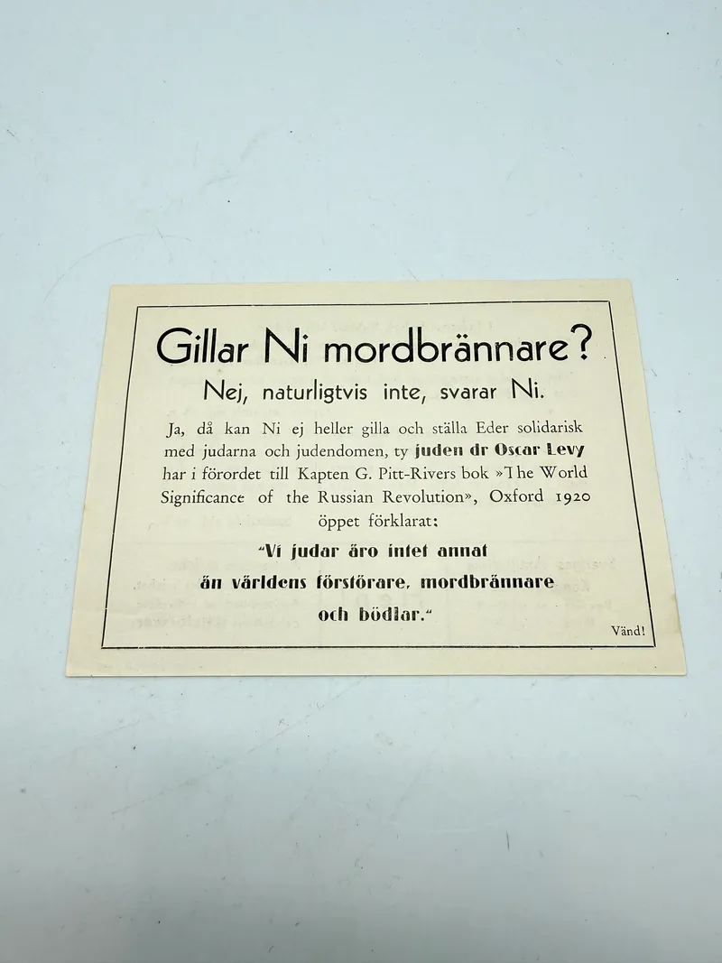Svensk Nazistisk løbeseddel WW2, ekstremt sjælden