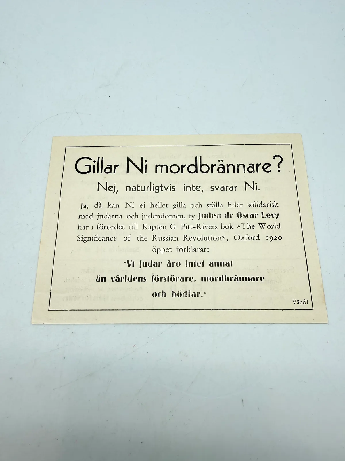 Svensk Nazistisk løbeseddel WW2, ekstremt sjælden